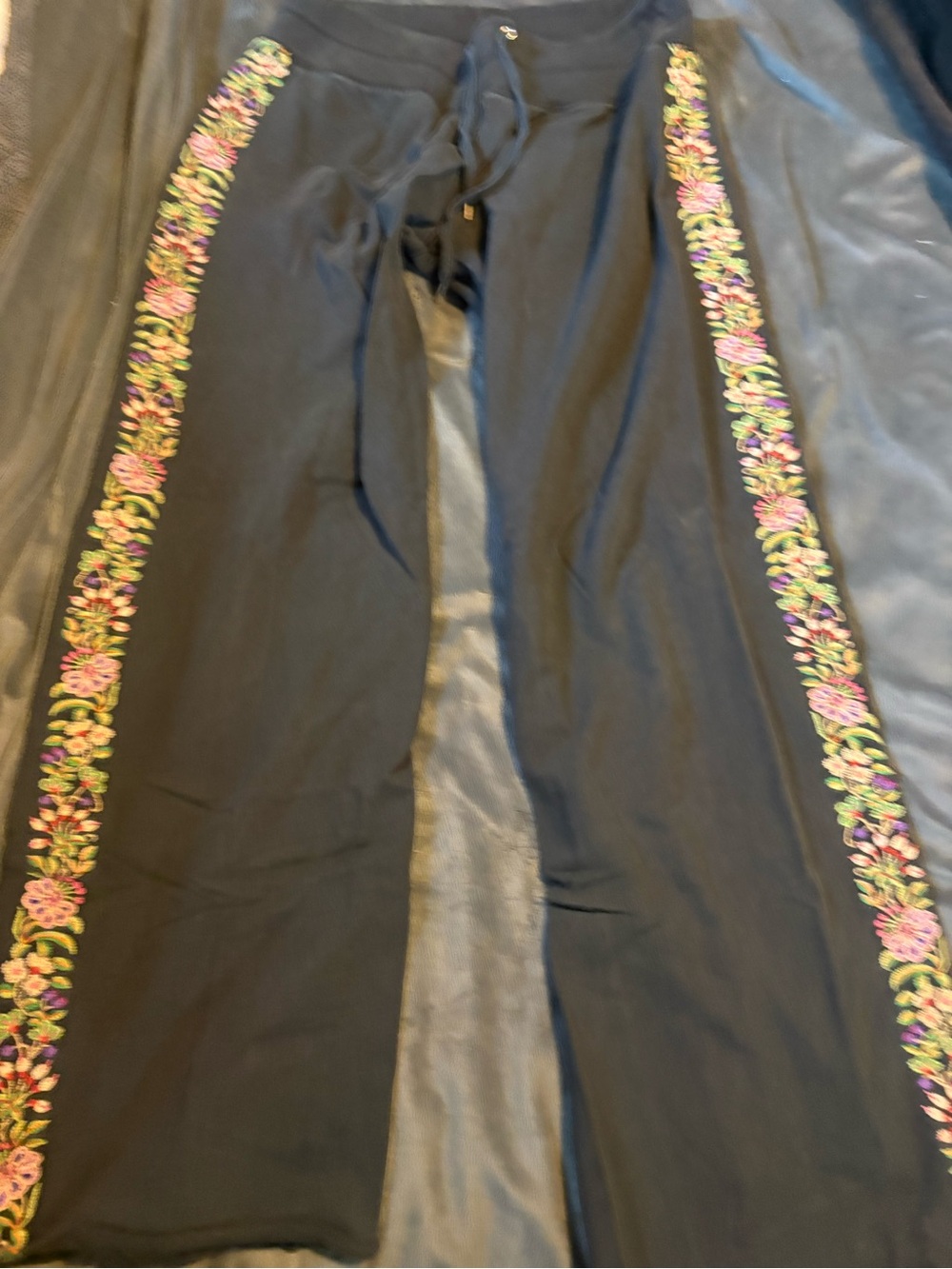 Lucky Brand Black Wide Leg Pants with Pink & Green Floral Trim
